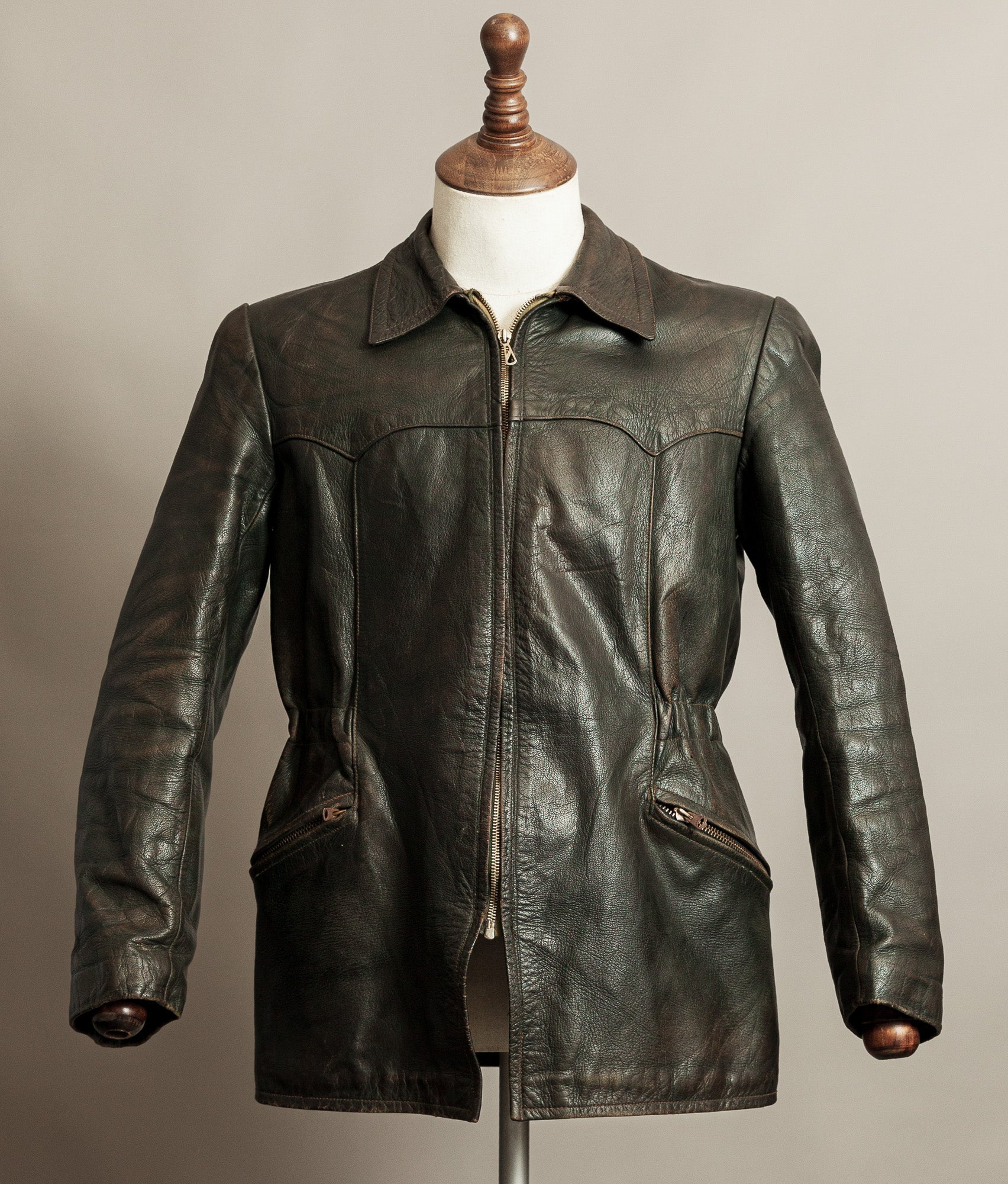 Vintage 1940s German Leather Motorcycle Jacket RIES Zips
