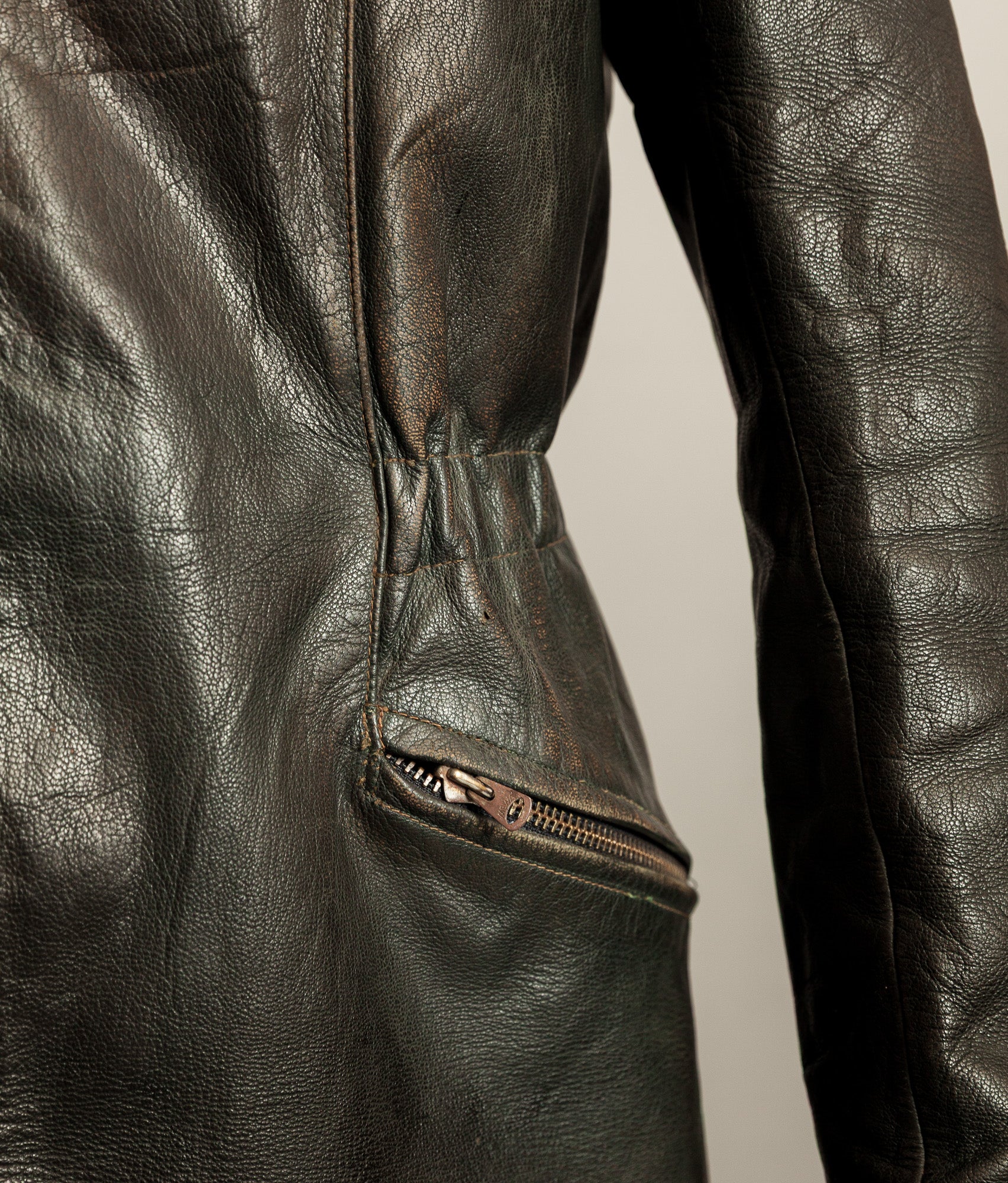 Vintage 1940s German Leather Motorcycle Jacket RIES Zips