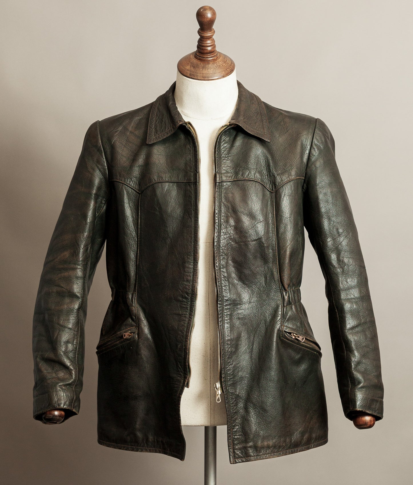Vintage 1940s German Leather Motorcycle Jacket RIES Zips