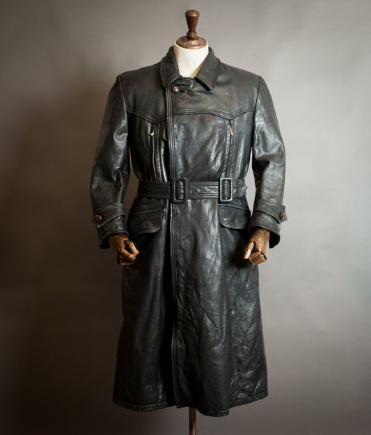 Vintage 1950s German Black Horsehide Leather Belted Motoring Coat