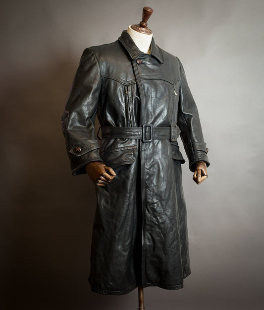 Vintage 1950s German Black Horsehide Leather Belted Motoring Coat