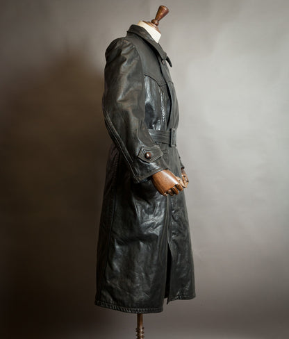 Vintage 1950s German Black Horsehide Leather Belted Motoring Coat