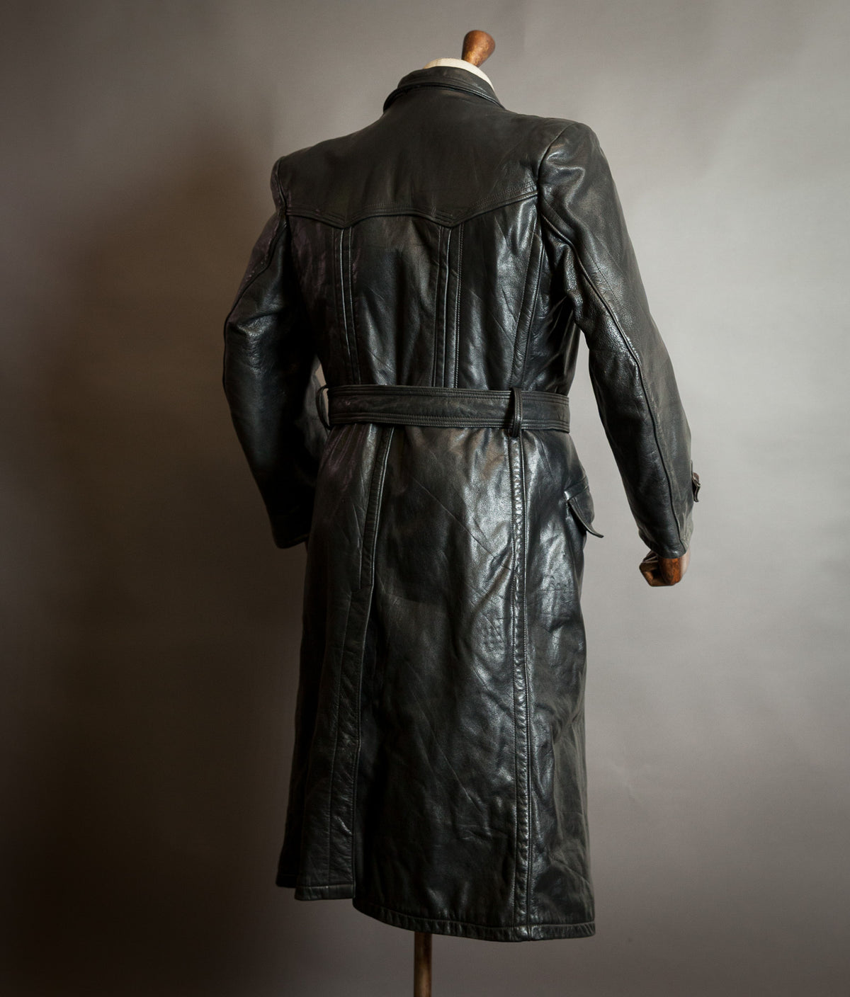 Vintage 1950s German Black Horsehide Leather Belted Motoring Coat