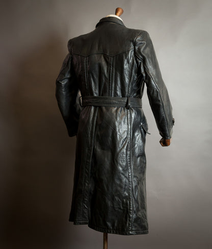 Vintage 1950s German Black Horsehide Leather Belted Motoring Coat