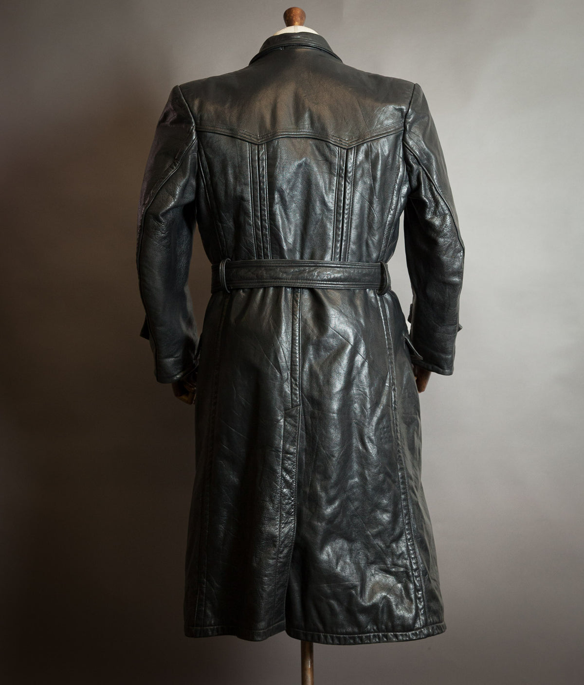 Vintage 1950s German Black Horsehide Leather Belted Motoring Coat
