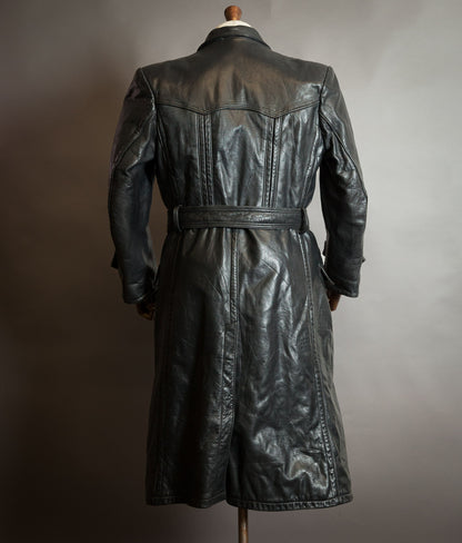 Vintage 1950s German Black Horsehide Leather Belted Motoring Coat