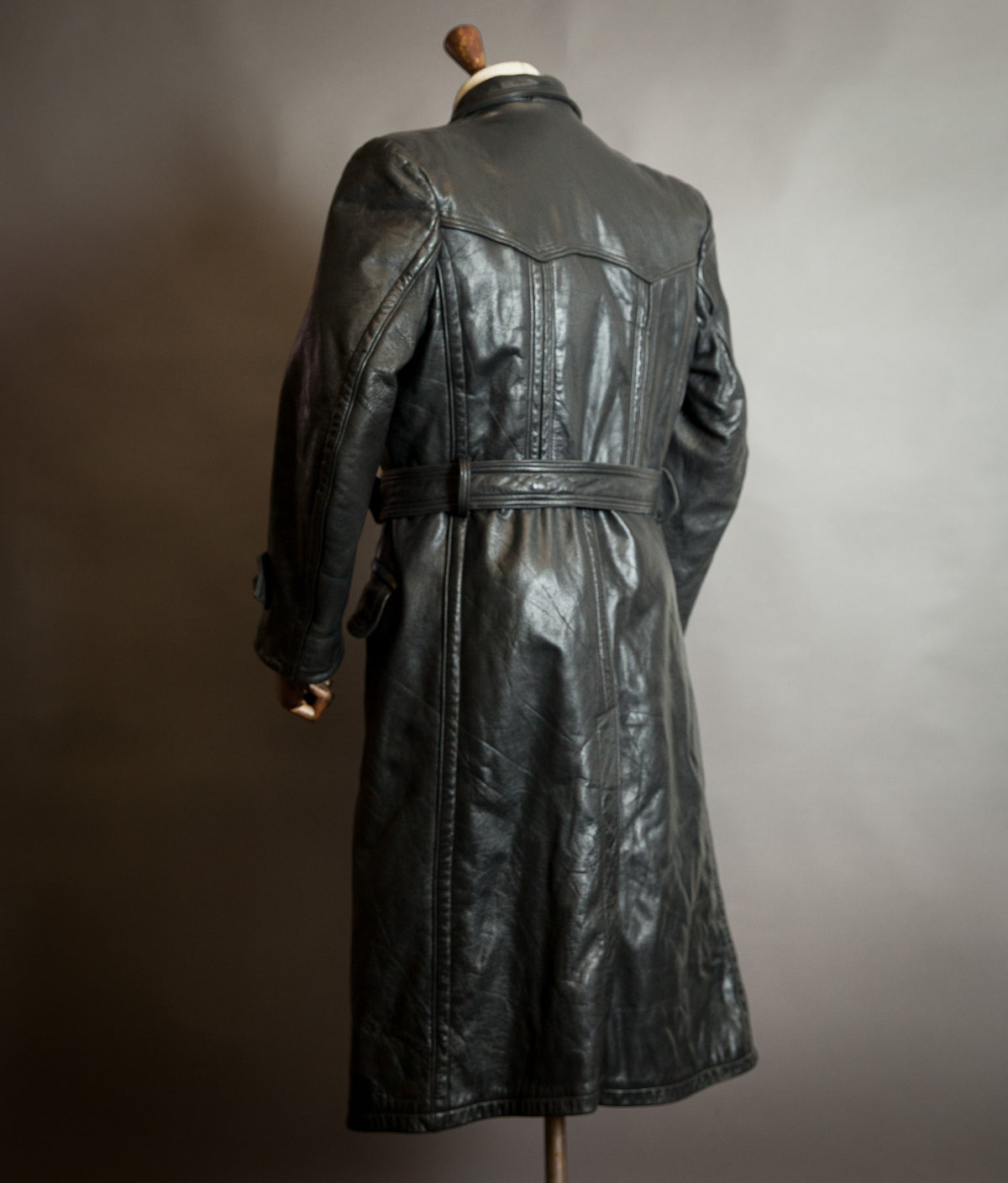 Vintage 1950s German Black Horsehide Leather Belted Motoring Coat