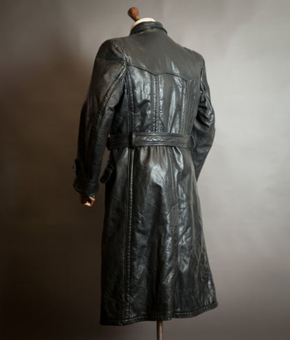 Vintage 1950s German Black Horsehide Leather Belted Motoring Coat