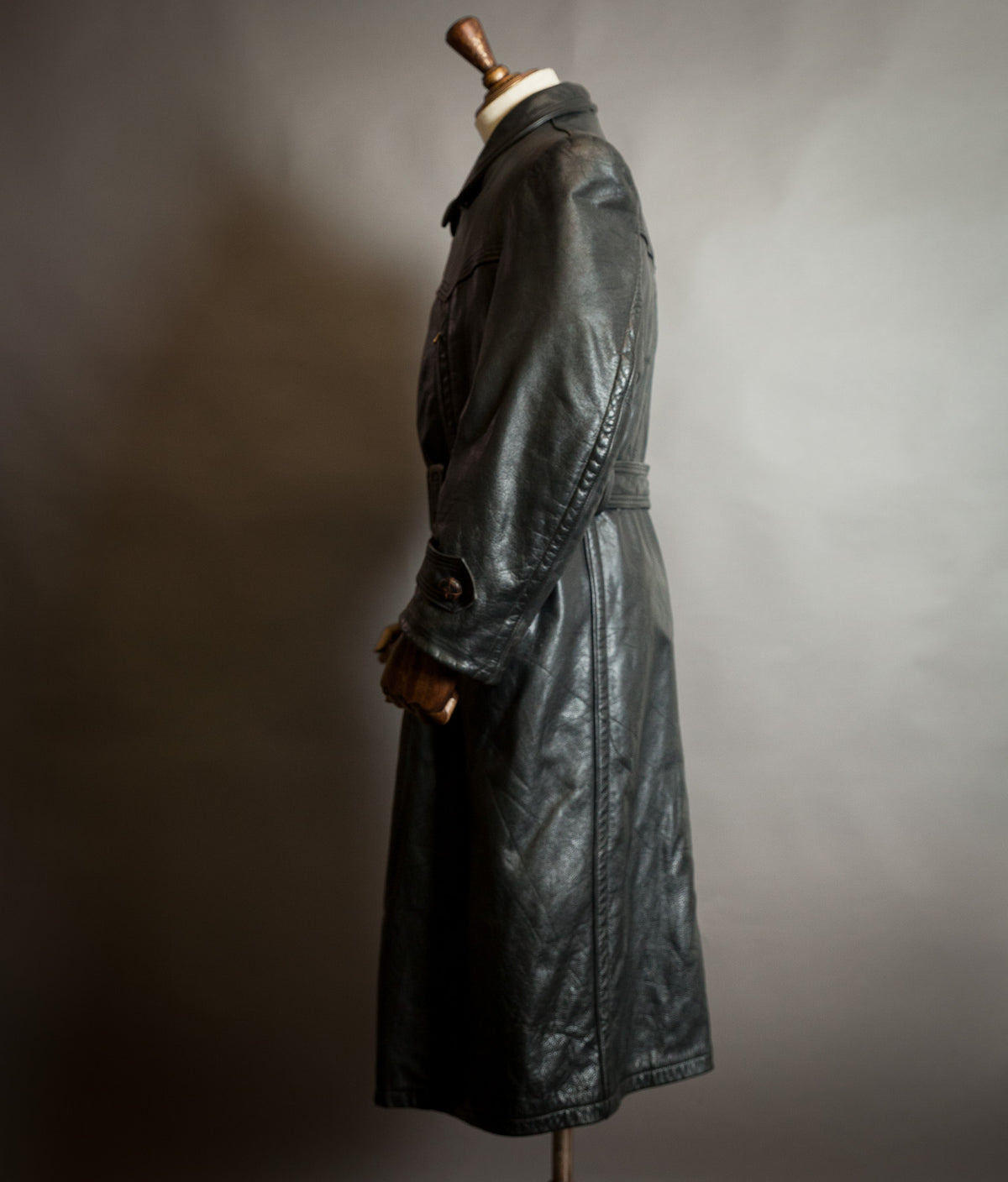 Vintage 1950s German Black Horsehide Leather Belted Motoring Coat