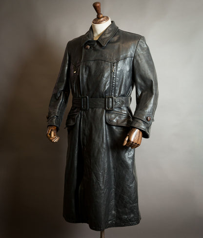 Vintage 1950s German Black Horsehide Leather Belted Motoring Coat