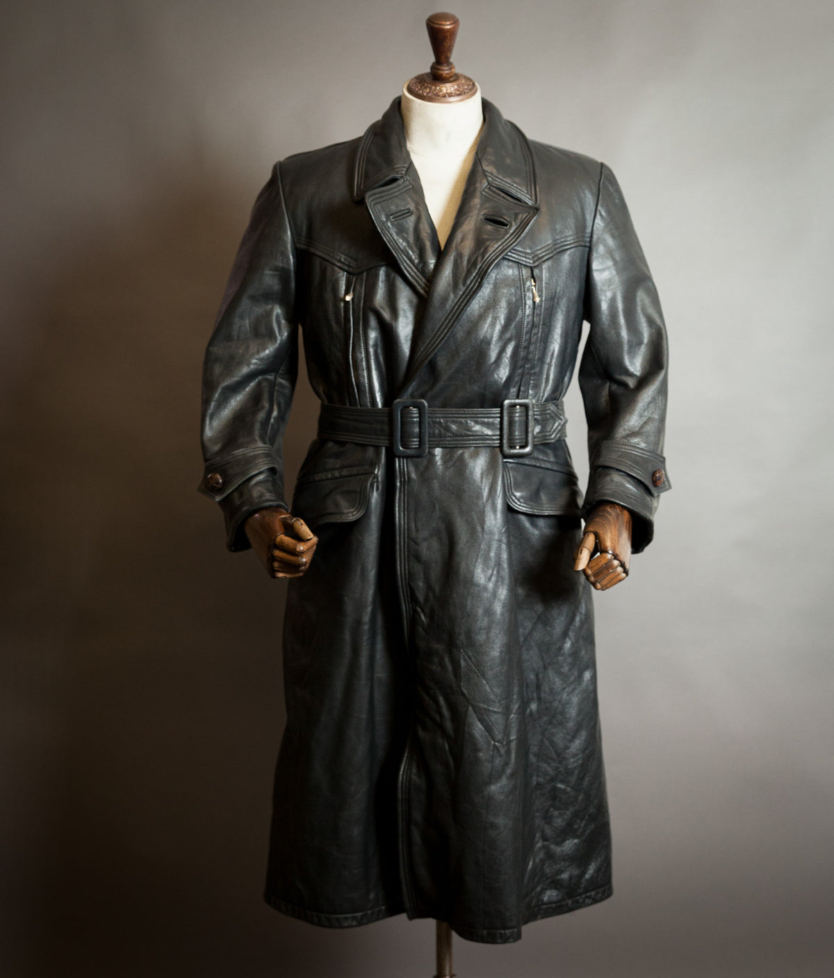 Vintage 1950s German Black Horsehide Leather Belted Motoring Coat