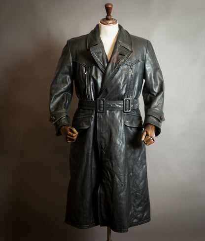 Vintage 1950s German Black Horsehide Leather Belted Motoring Coat