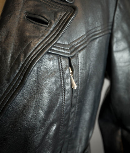 Vintage 1950s German Black Horsehide Leather Belted Motoring Coat