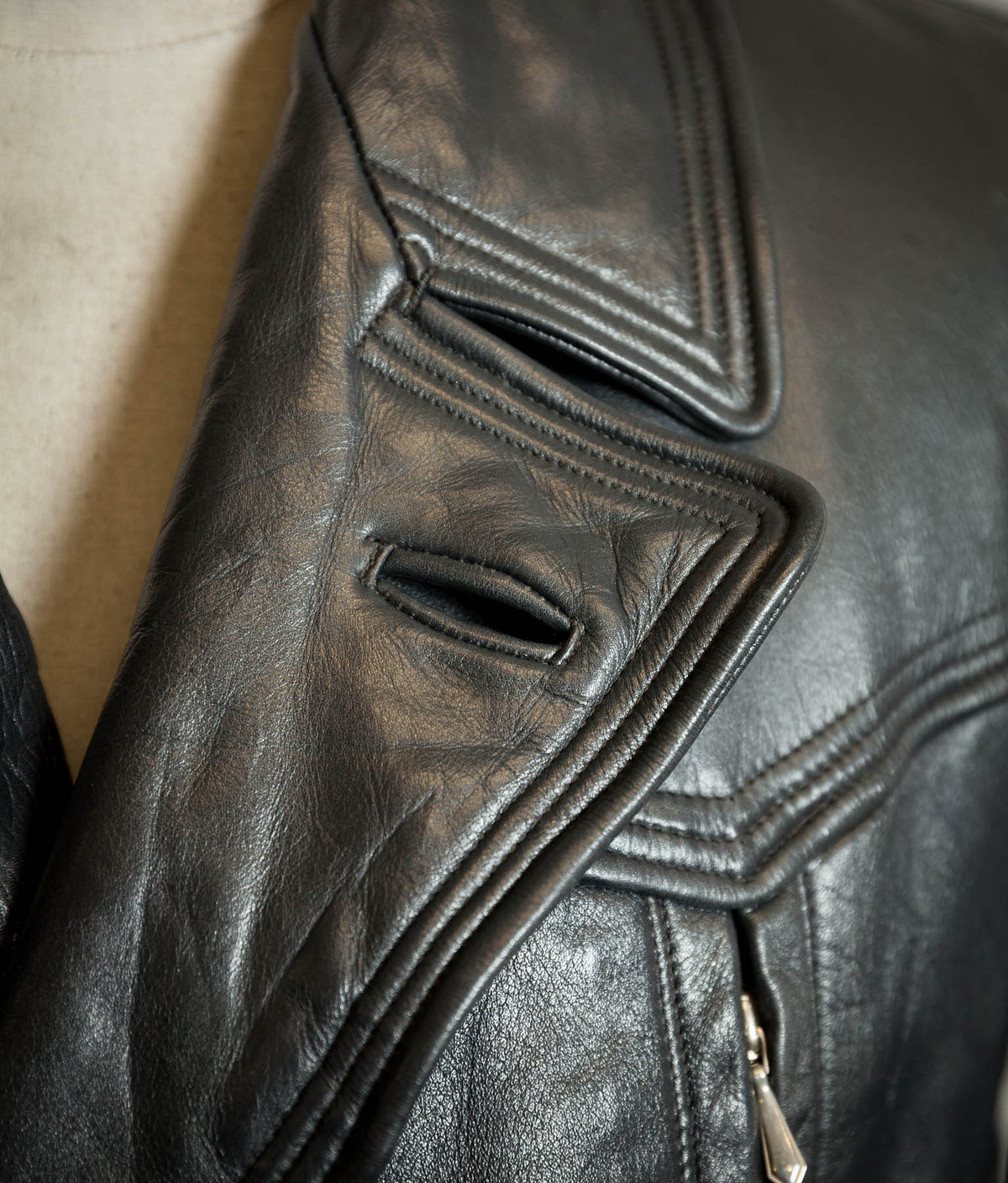Vintage 1950s German Black Horsehide Leather Belted Motoring Coat