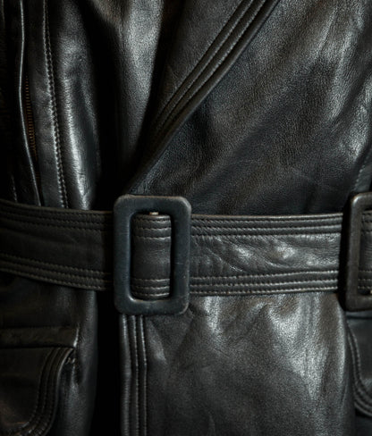 Vintage 1950s German Black Horsehide Leather Belted Motoring Coat