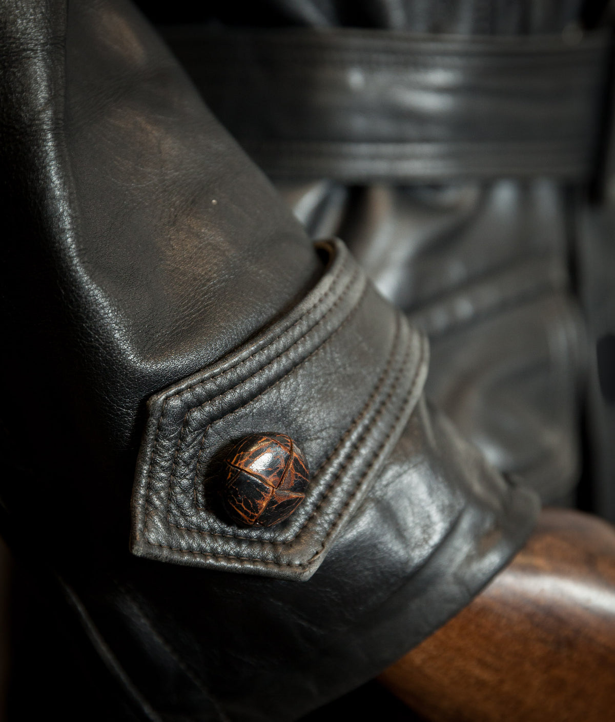 Vintage 1950s German Black Horsehide Leather Belted Motoring Coat