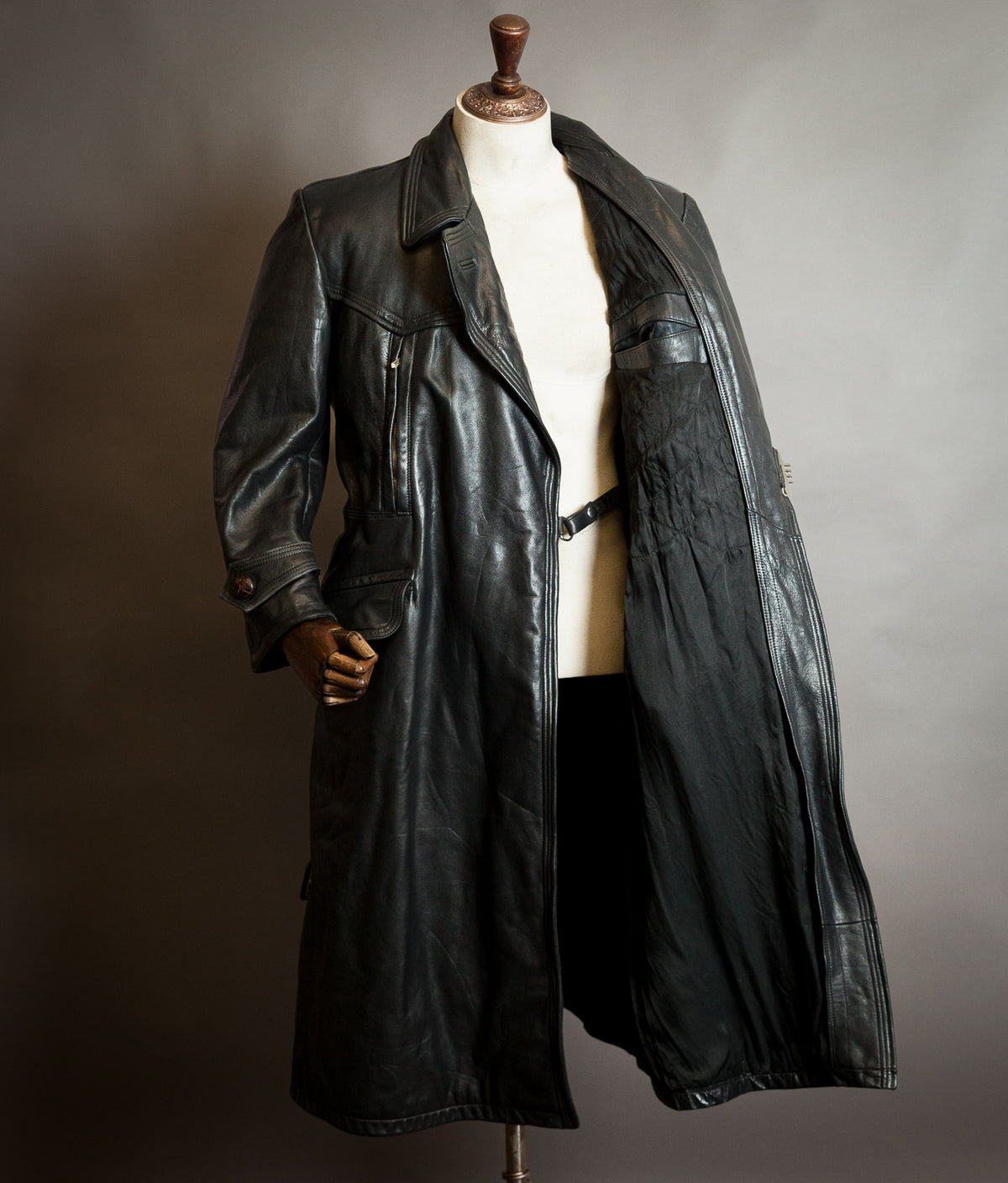 Vintage 1950s German Black Horsehide Leather Belted Motoring Coat