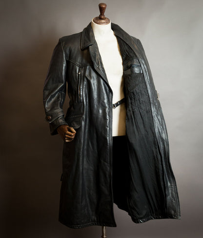 Vintage 1950s German Black Horsehide Leather Belted Motoring Coat