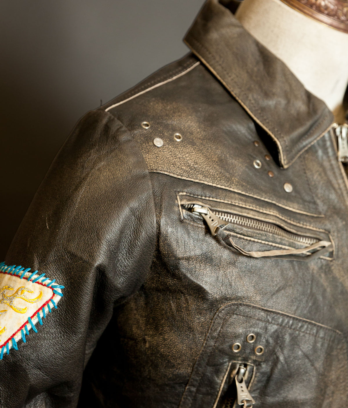 Diesel Vintage Burnished Leather Racer Jacket, Stereo Aces Patches