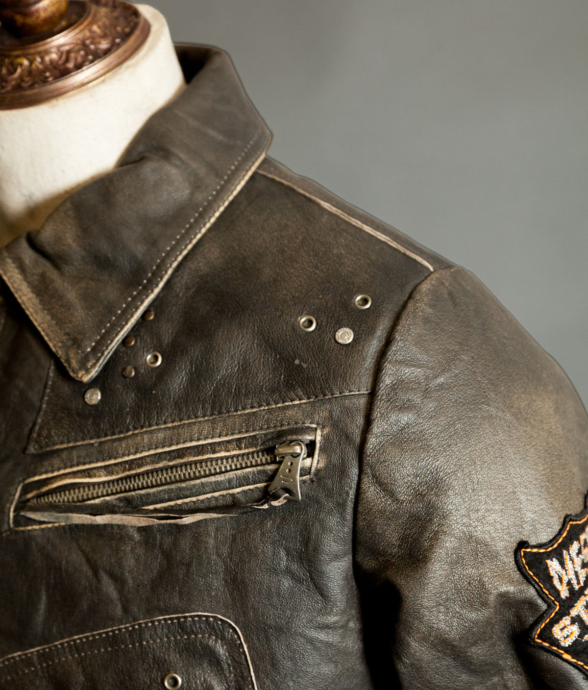 Diesel Vintage Burnished Leather Racer Jacket, Stereo Aces Patches