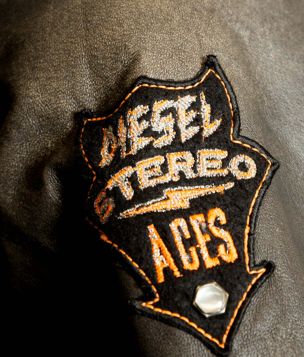 Diesel Vintage Burnished Leather Racer Jacket, Stereo Aces Patches