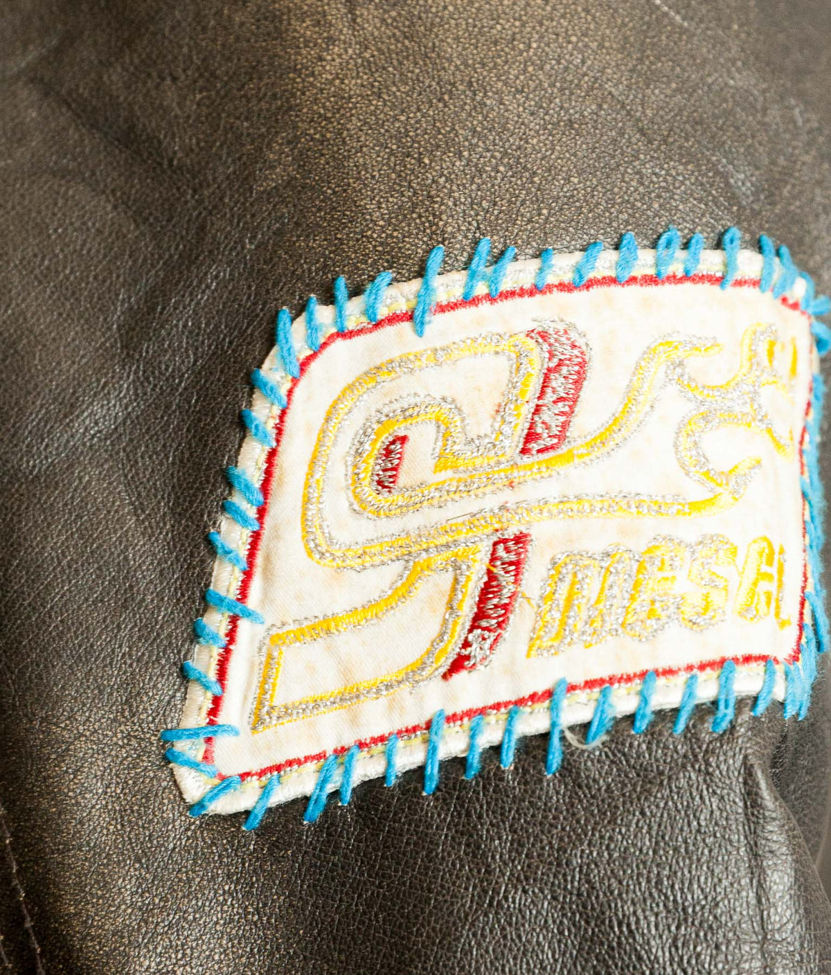 Diesel Vintage Burnished Leather Racer Jacket, Stereo Aces Patches