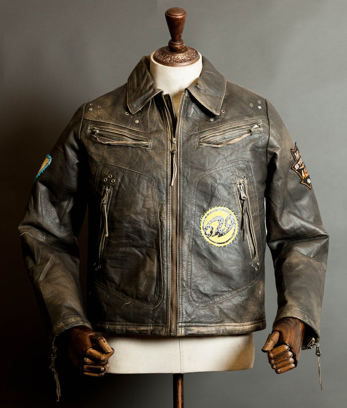Diesel Vintage Burnished Leather Racer Jacket, Stereo Aces Patches