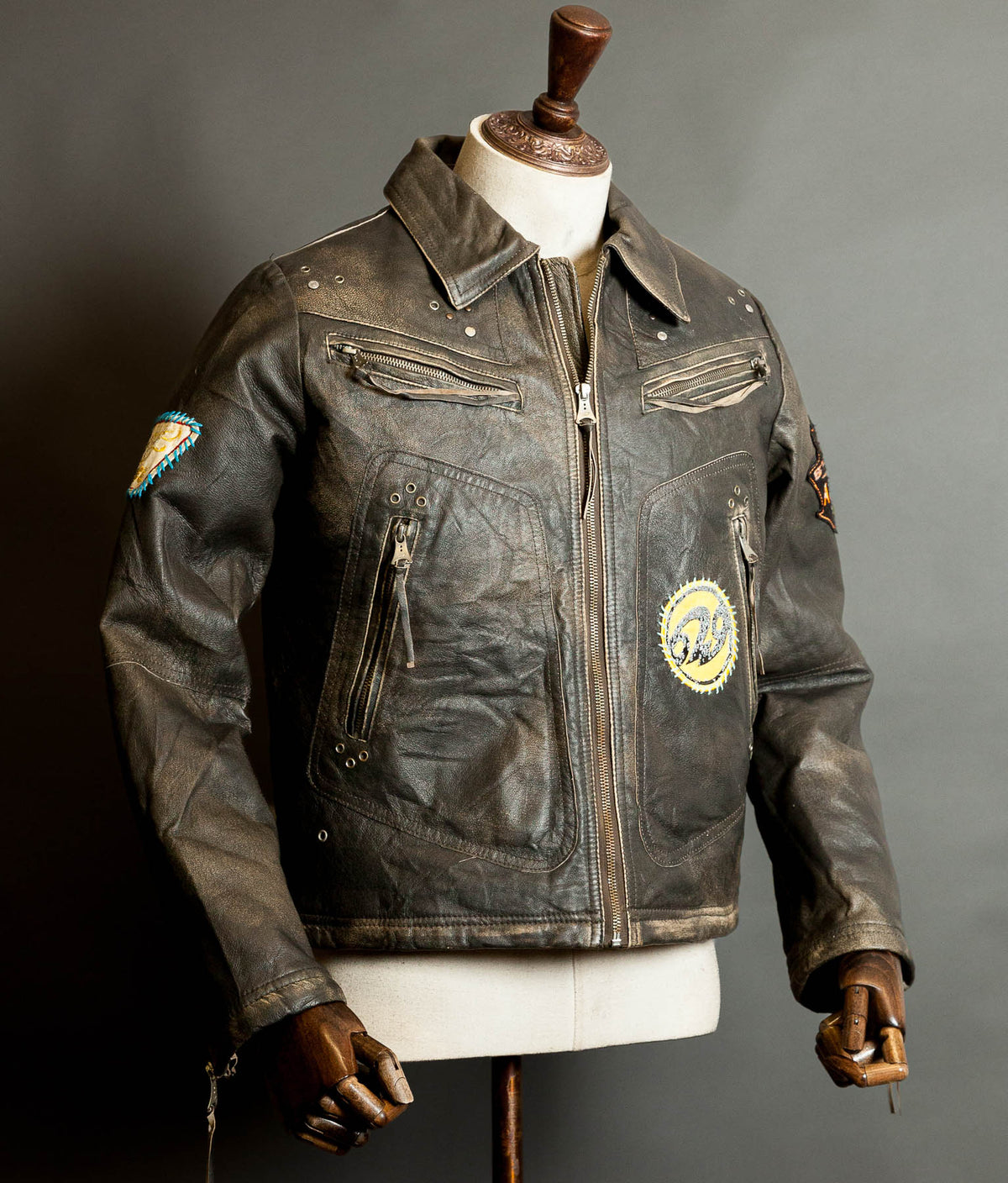 Diesel Vintage Burnished Leather Racer Jacket, Stereo Aces Patches