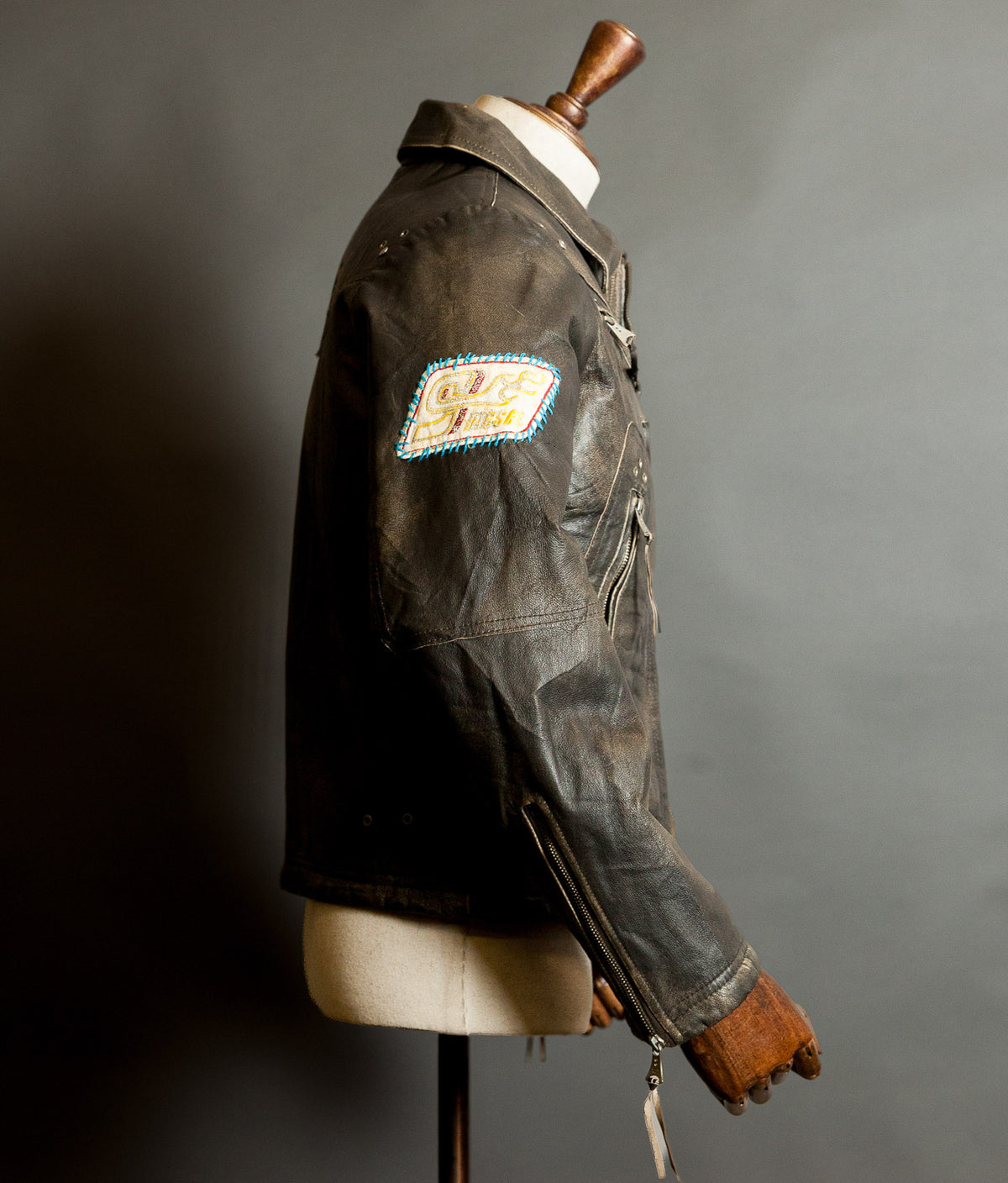 Diesel Vintage Burnished Leather Racer Jacket, Stereo Aces Patches