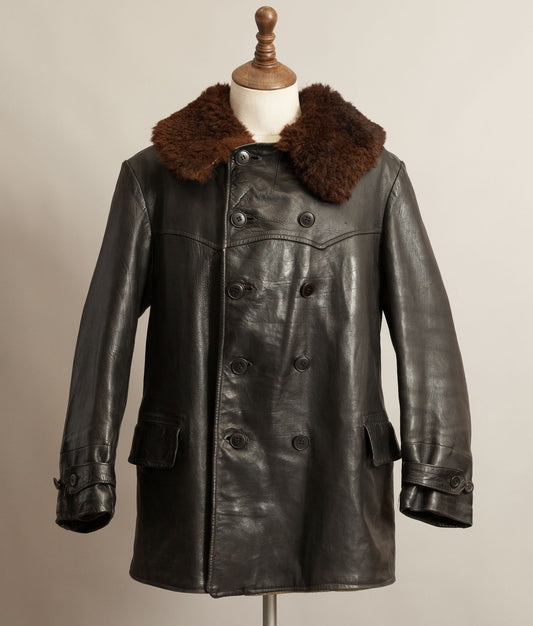Vintage 1940s Swedish Goatskin Leather Officers Coat Sheepskin Collar