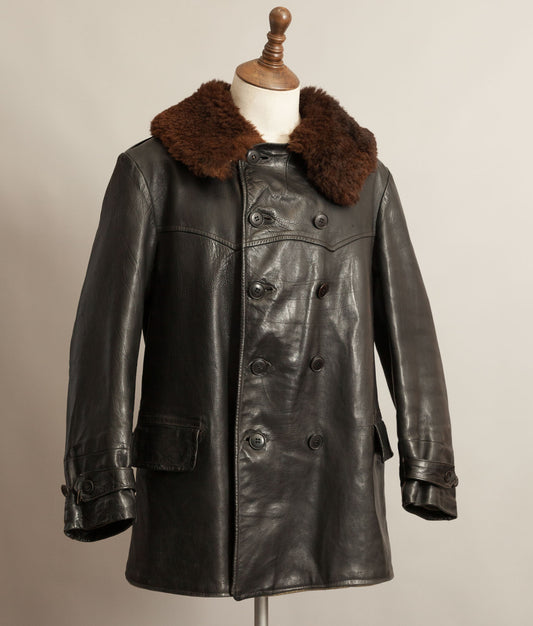 Vintage 1940s Swedish Goatskin Leather Officers Coat Sheepskin Collar