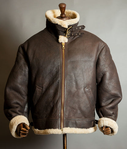 Front view of late 1980s American Type B-3 sheepskin flight jacket in chocolate-brown shearling with cream fleece collar