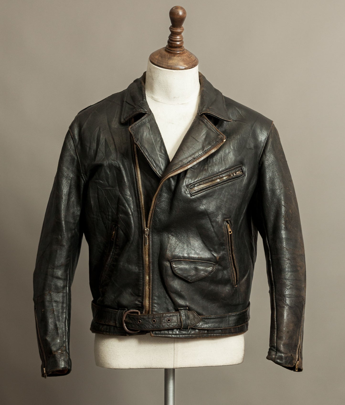 Vintage 1950s French Leather Motorcycle Jacket Cross Zip Vitex Hardware