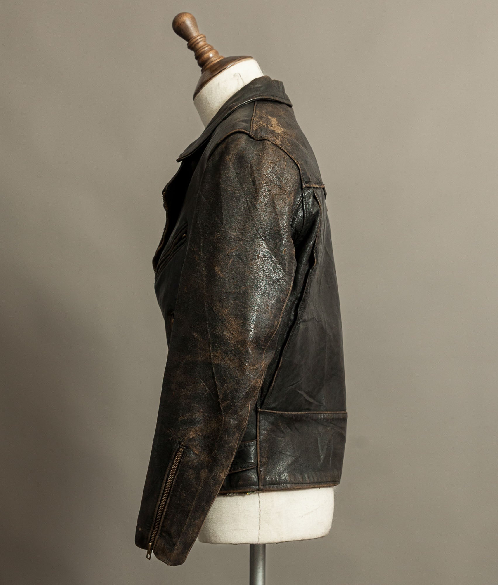 Vintage 1950s French Leather Motorcycle Jacket Cross Zip Vitex Hardware