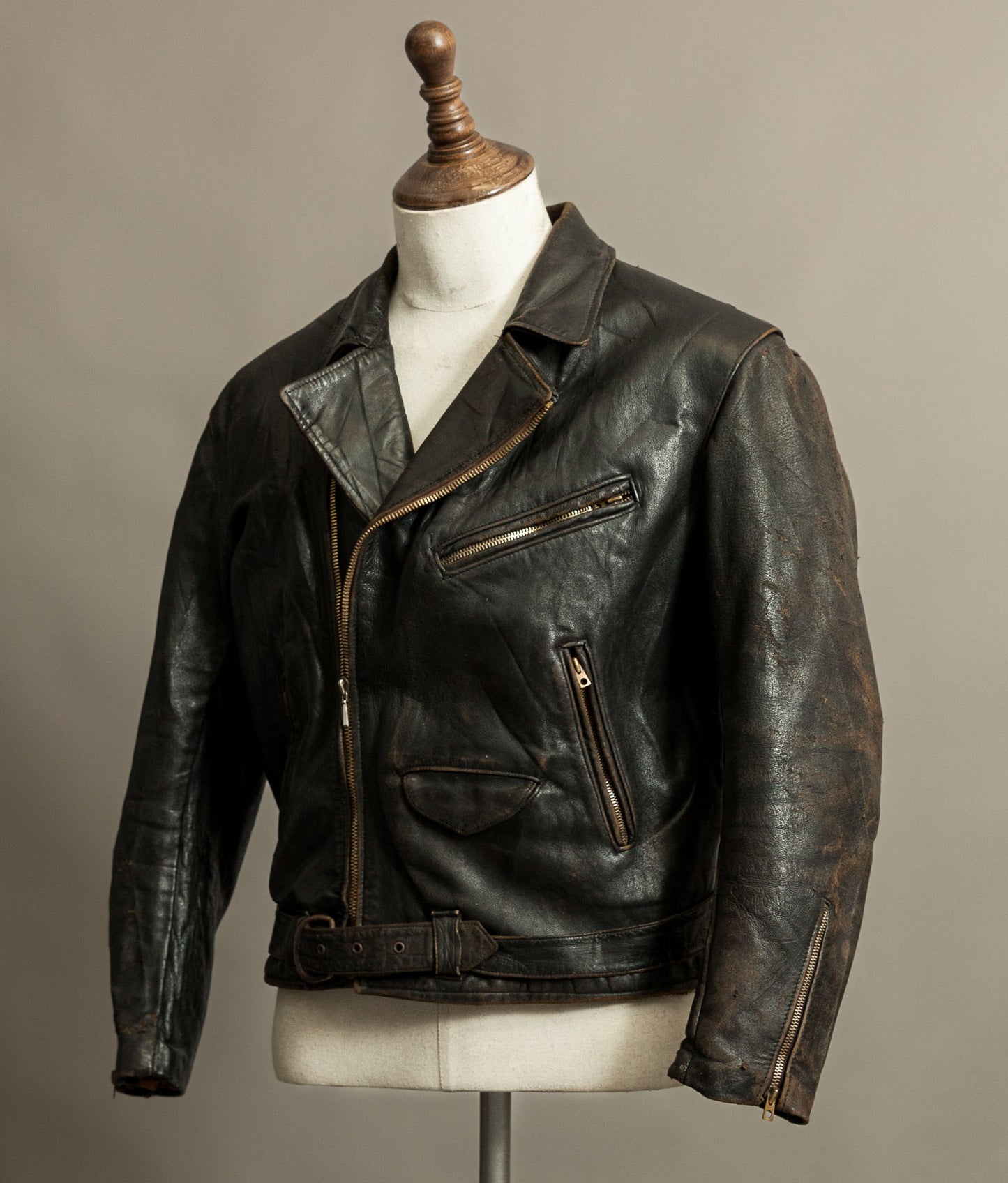 Vintage 1950s French Leather Motorcycle Jacket Cross Zip Vitex Hardware