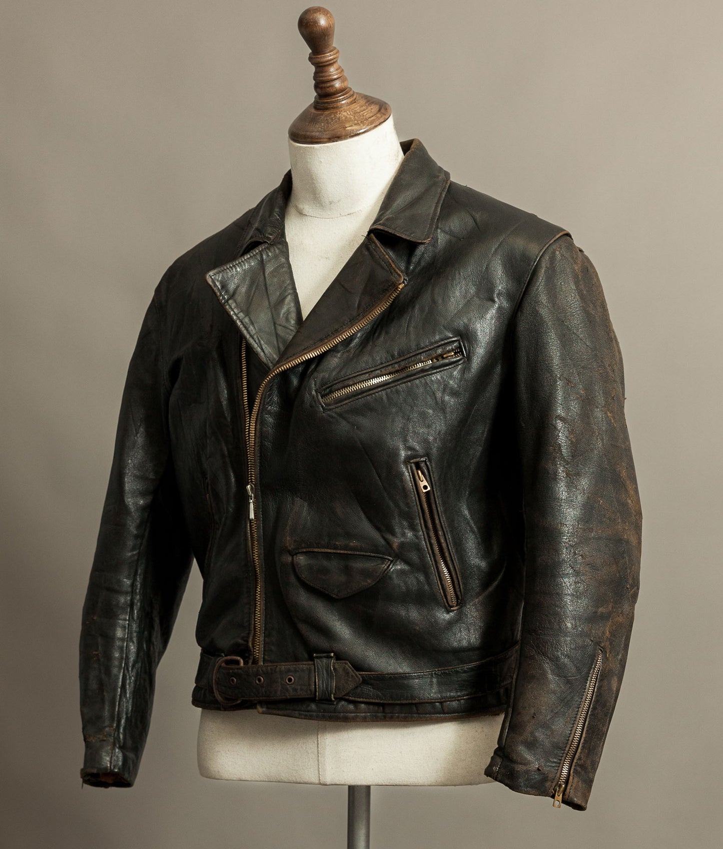 Vintage 1950s French Leather Motorcycle Jacket Cross Zip Vitex Hardware