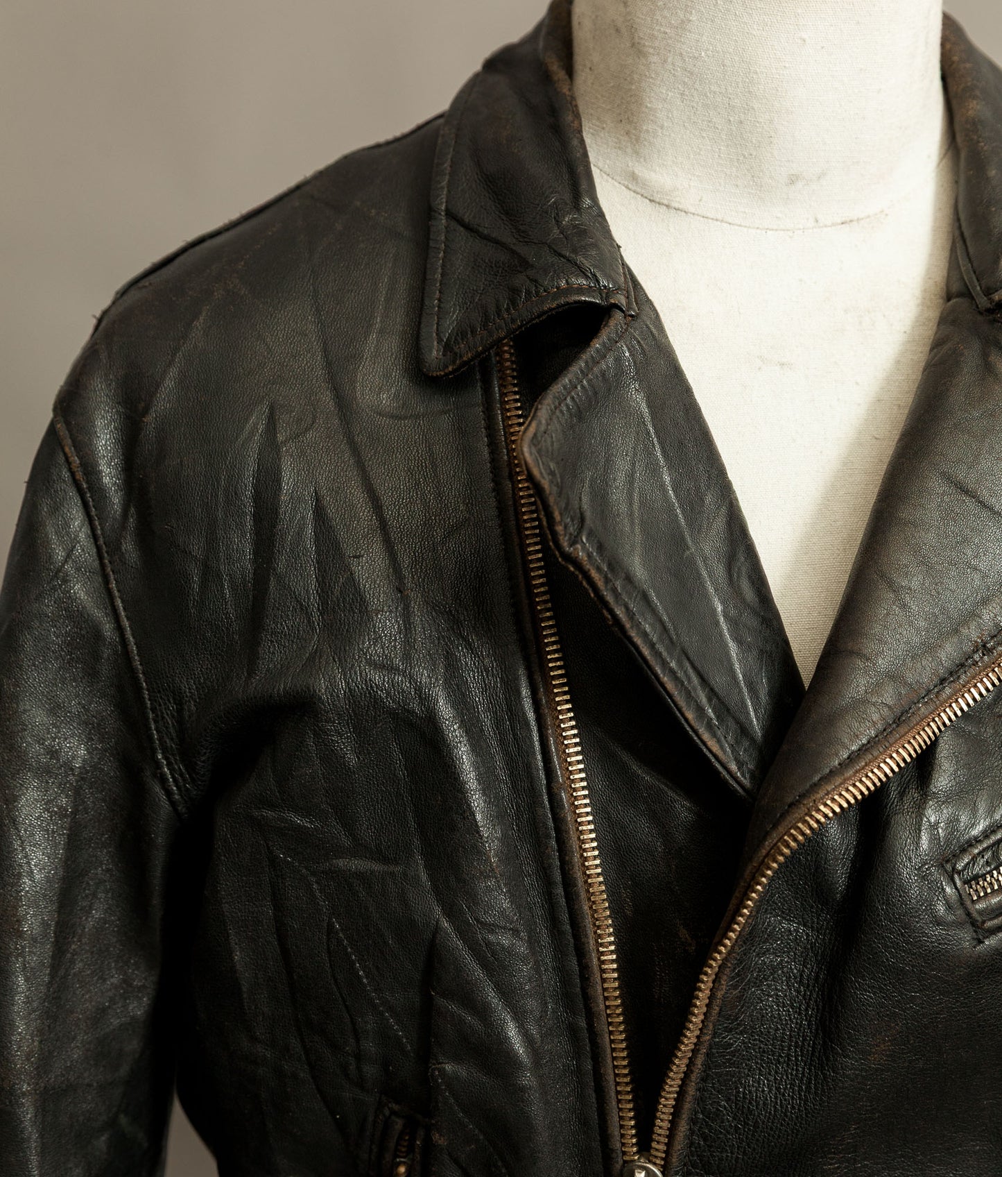 Vintage 1950s French Leather Motorcycle Jacket Cross Zip Vitex Hardware
