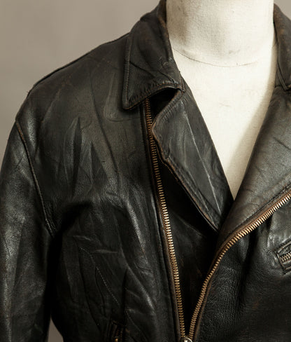 Vintage 1950s French Leather Motorcycle Jacket Cross Zip Vitex Hardware