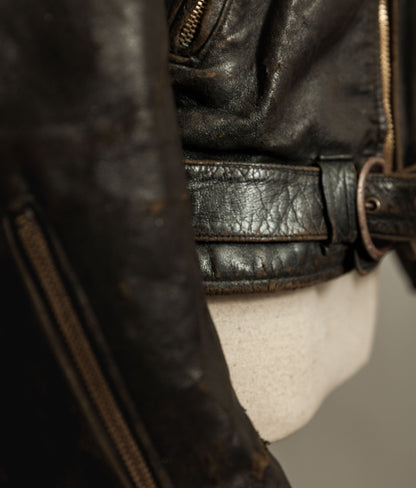 Vintage 1950s French Leather Motorcycle Jacket Cross Zip Vitex Hardware