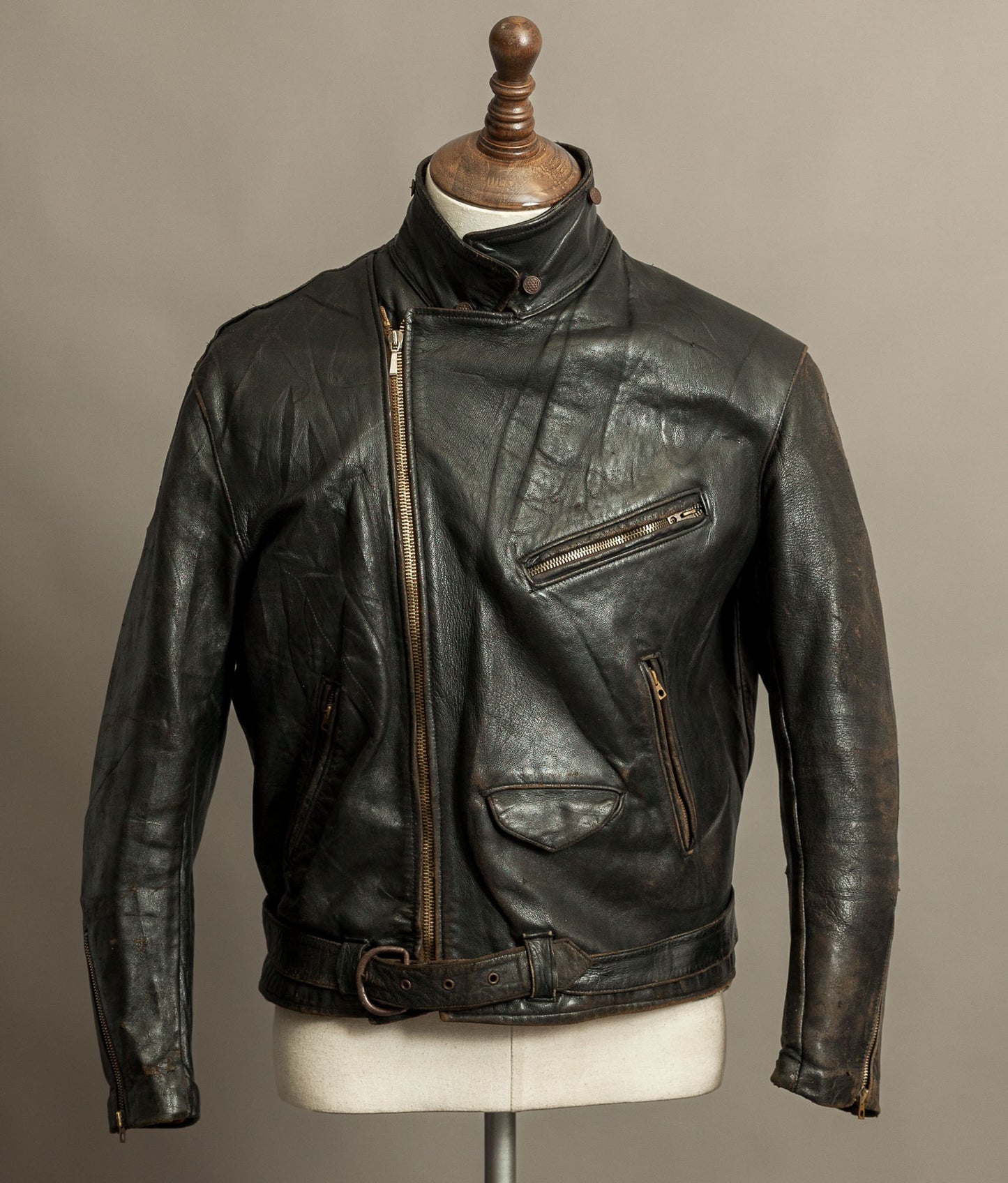 Vintage 1950s French Leather Motorcycle Jacket Cross Zip Vitex Hardware