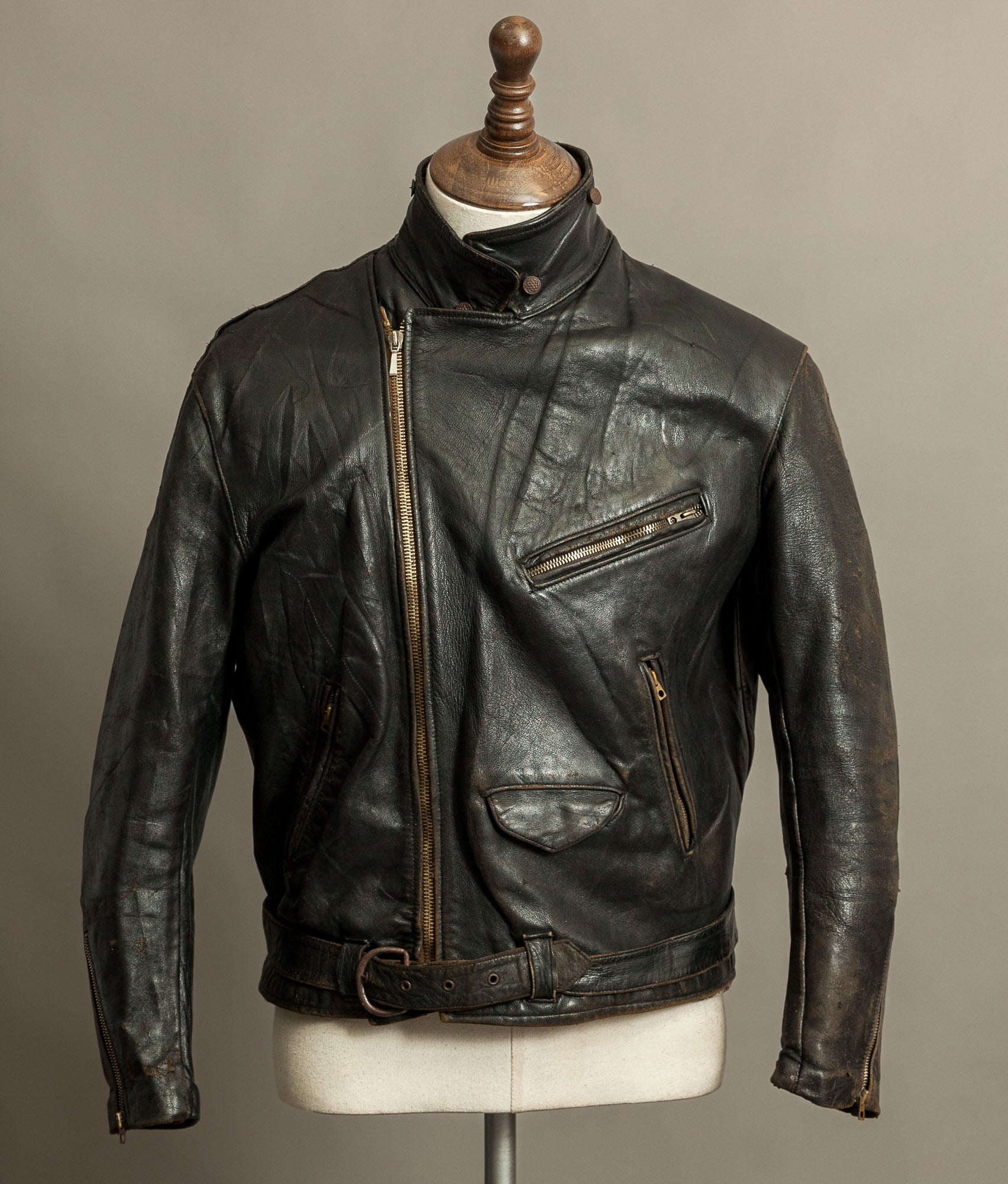 Vintage 1950s French Leather Motorcycle Jacket Cross Zip Vitex Hardware