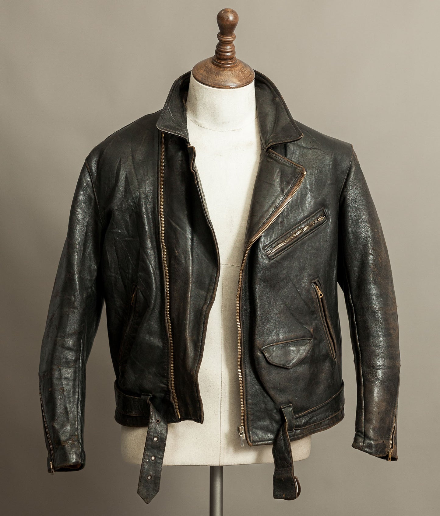 Vintage 1950s French Leather Motorcycle Jacket Cross Zip Vitex Hardware