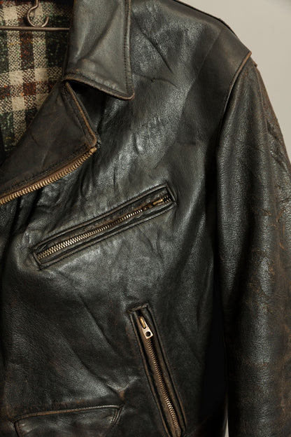 Vintage 1950s French Leather Motorcycle Jacket Cross Zip Vitex Hardware
