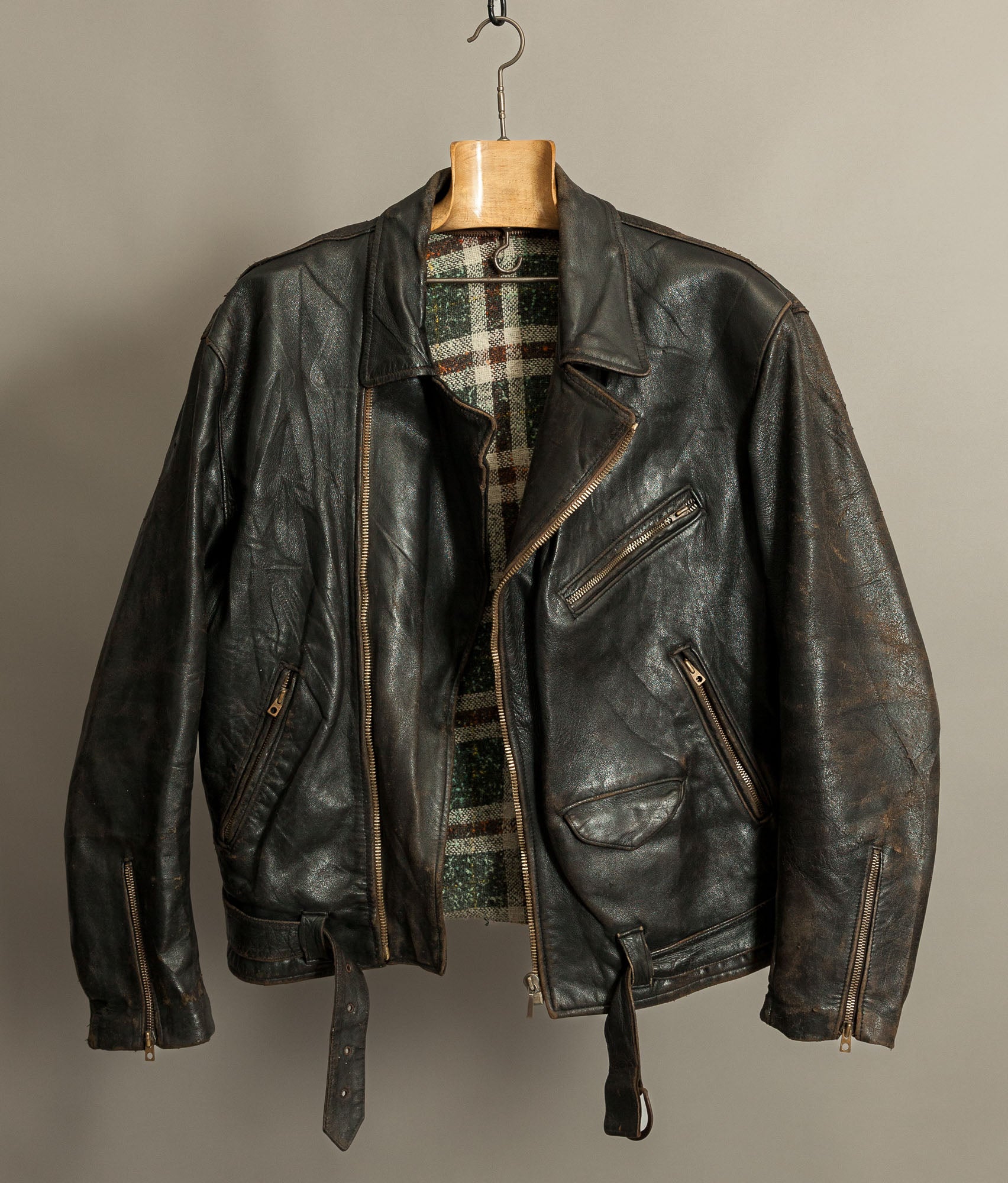 Vintage 1950s French Leather Motorcycle Jacket Cross Zip Vitex Hardware
