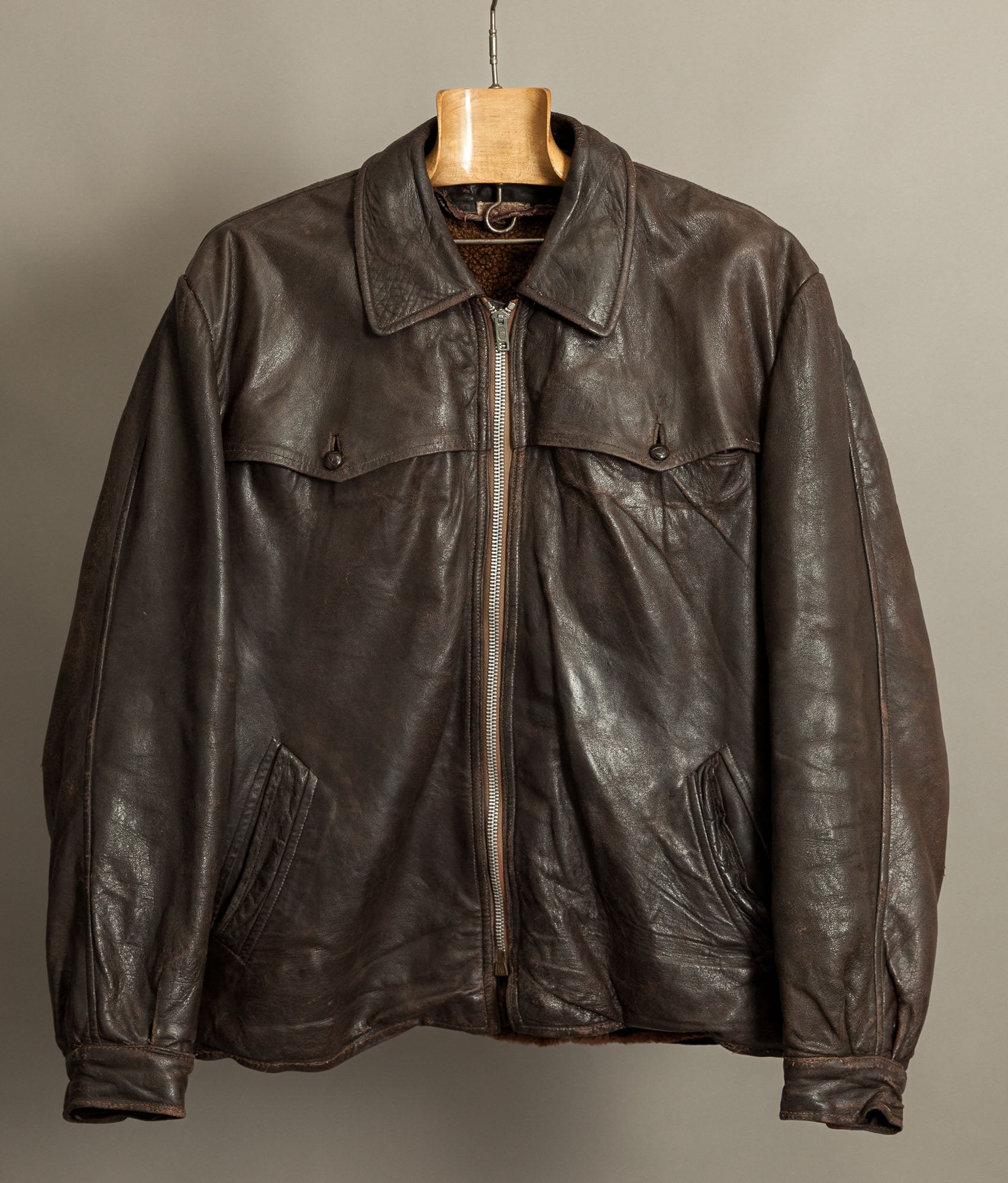 Vintage Late 1940s Czechoslovakian Leather Jacket Removable Mouton Liner
