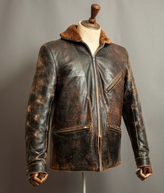 Vintage 1950s French Sheepskin Lined Leather Workwear Jacket