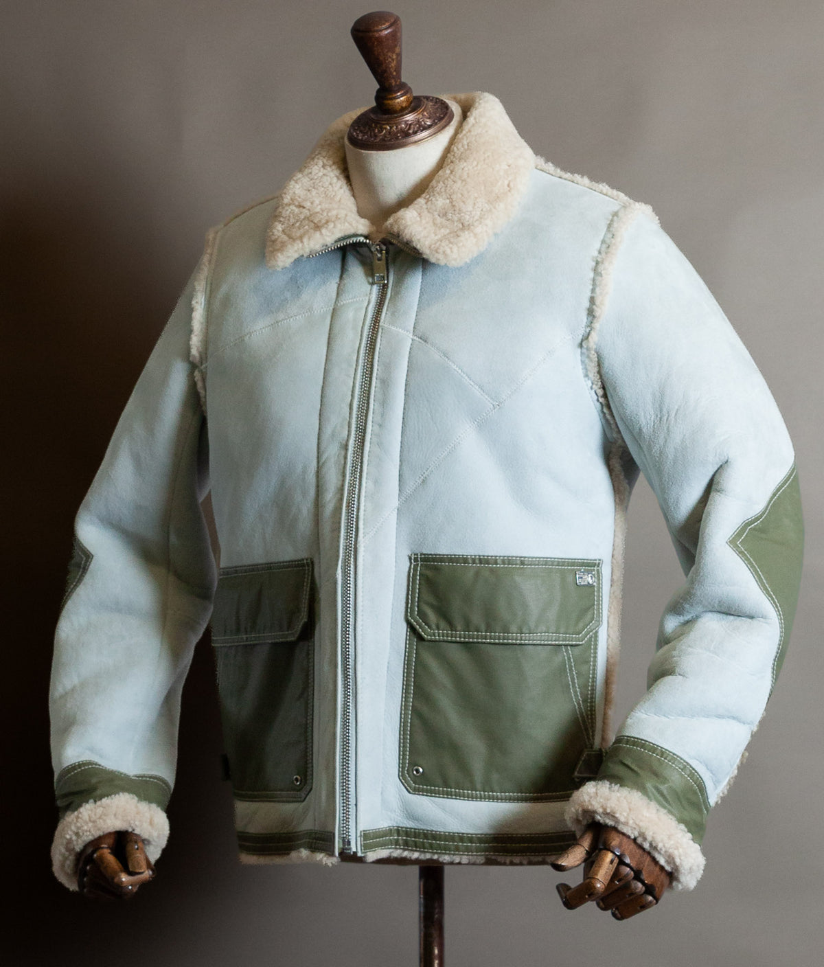 Diesel Heritage Shearling Aviator Jacket – Ice Blue & Olive, Worn by Justin Bieber