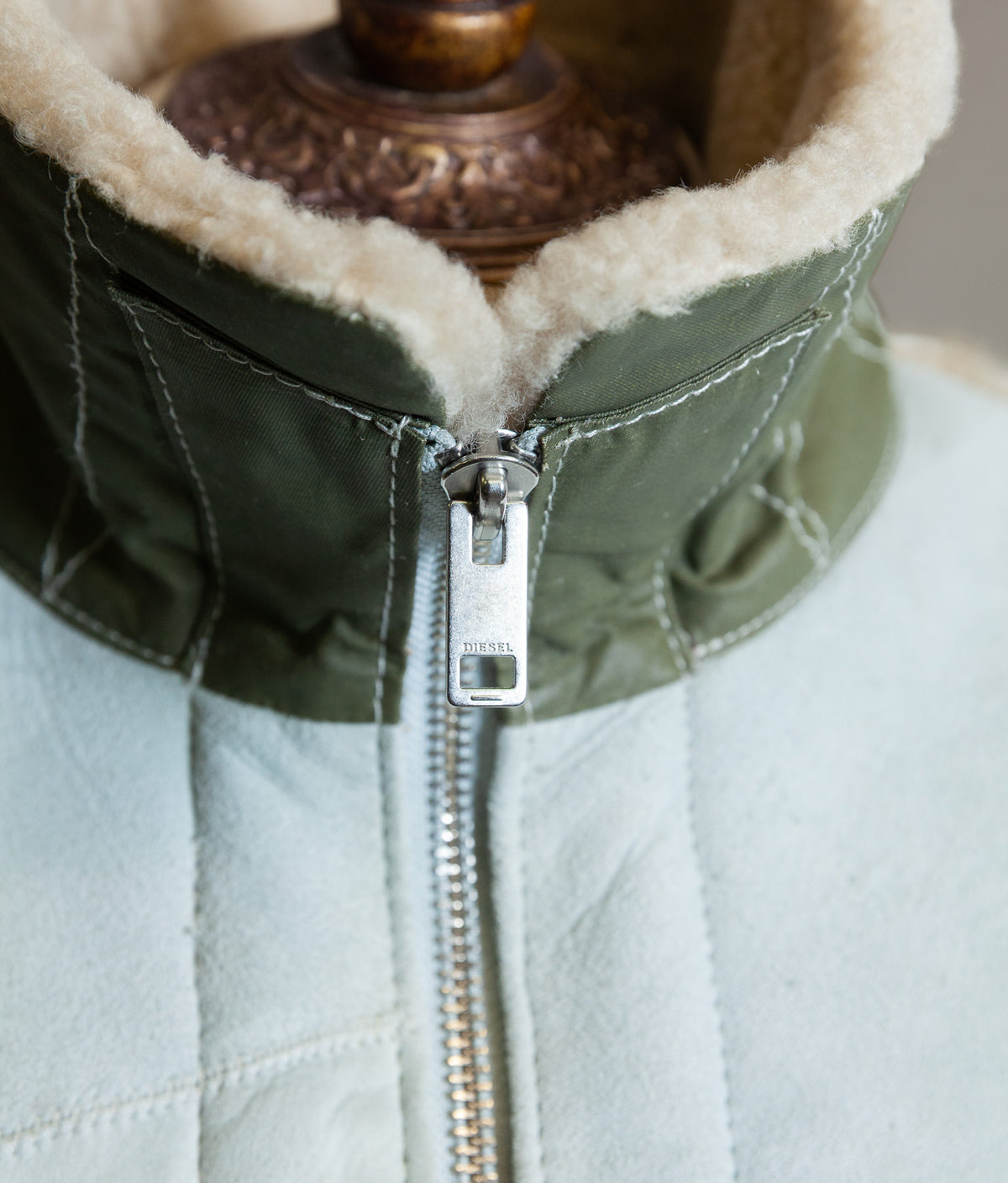 Diesel Heritage Shearling Aviator Jacket – Ice Blue & Olive, Worn by Justin Bieber