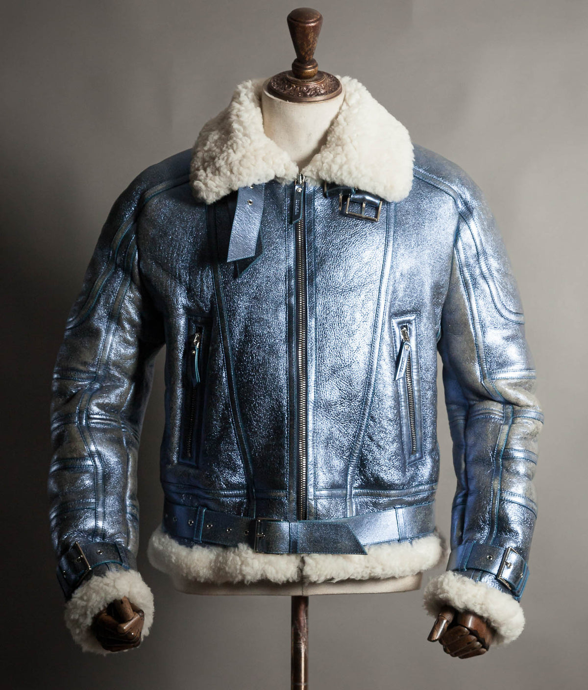 Archival Versace AW16 Runway Metallic Blue Shearling Flight Jacket