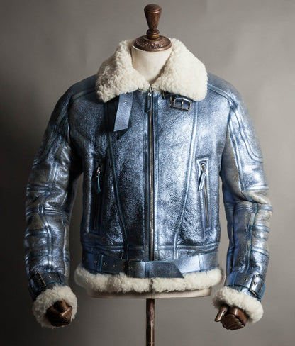 Archival Versace AW16 Runway Metallic Blue Shearling Flight Jacket